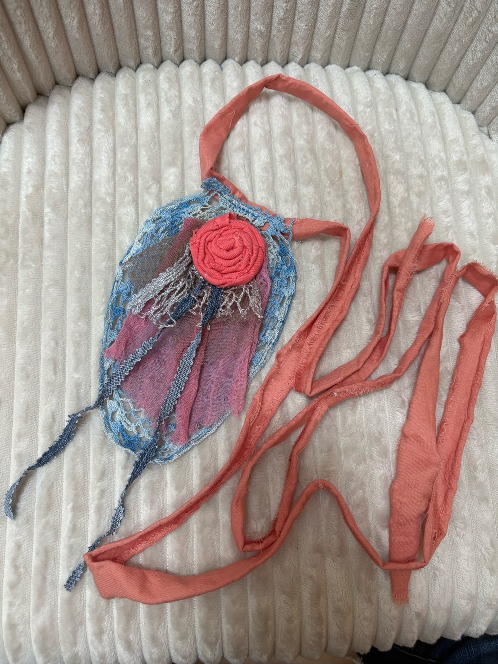 Coral and Blue Crocheted Jabot Neck Adornment Necklace